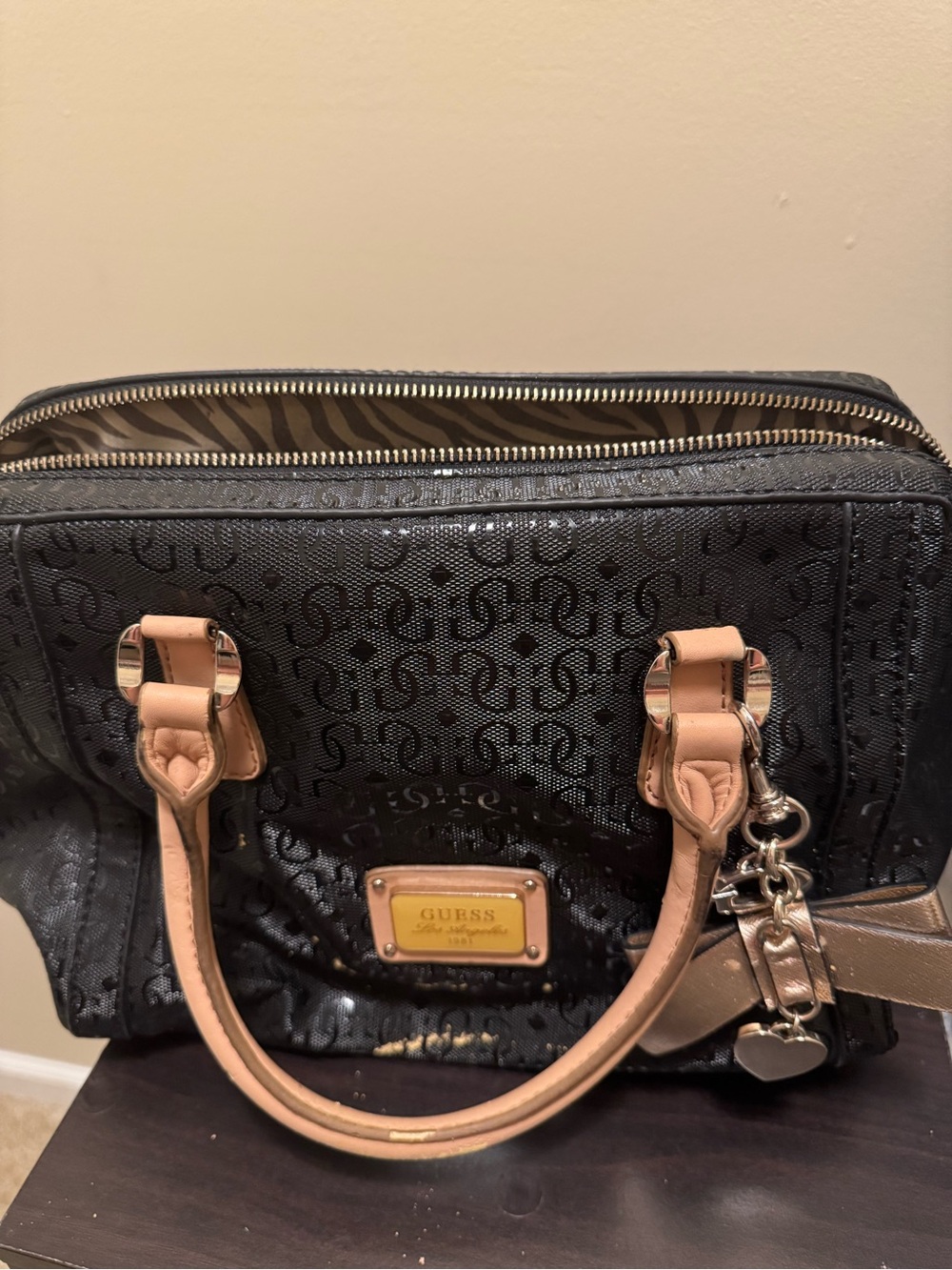 GUESS Black Satchel with Tan Handles and Gold Hardware